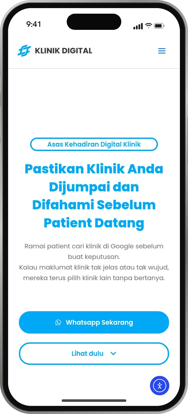 Klinik Digital's live site, klinikdigital.my, on a phone.